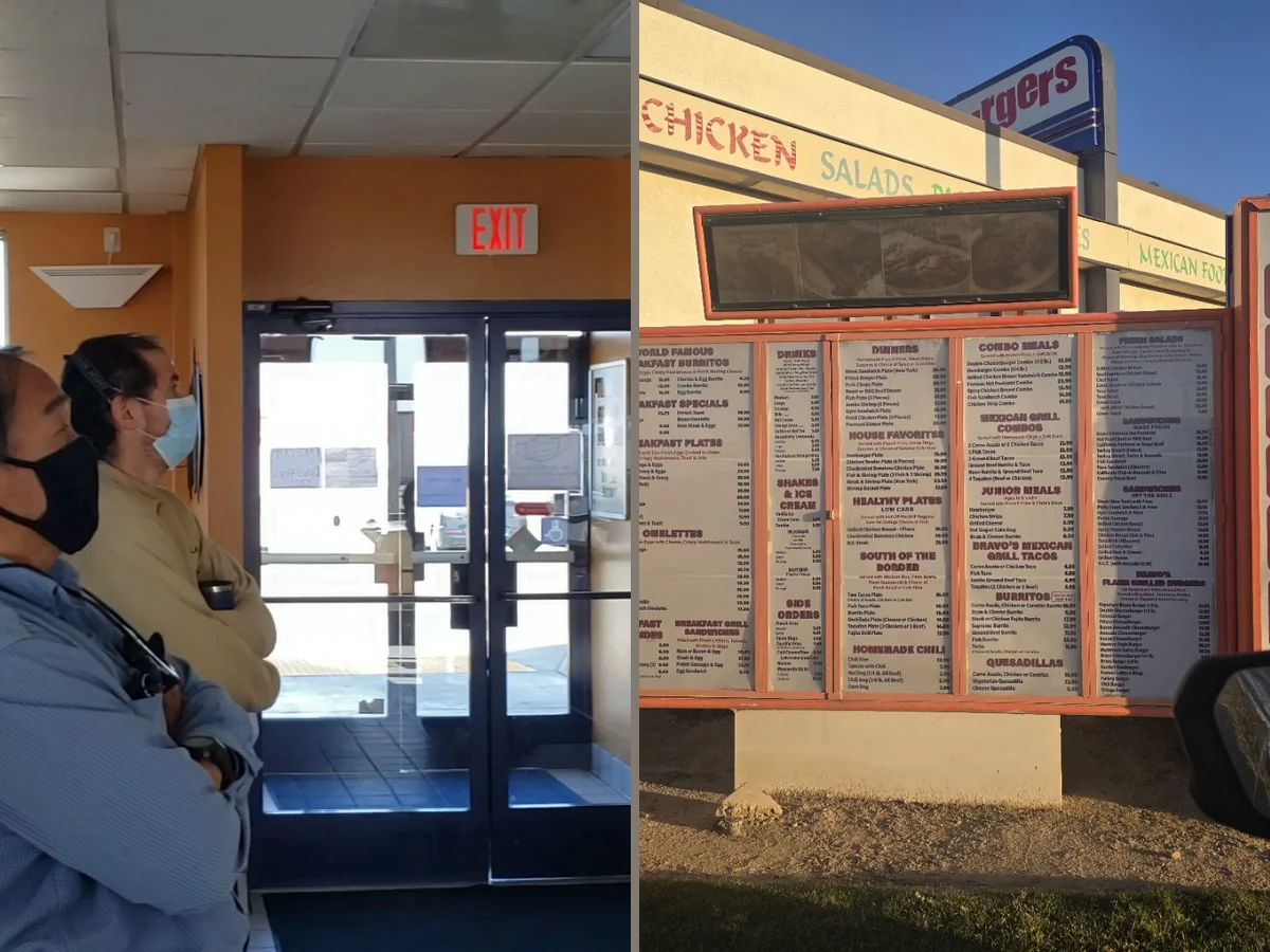 Counter service area with menu boards overhead.