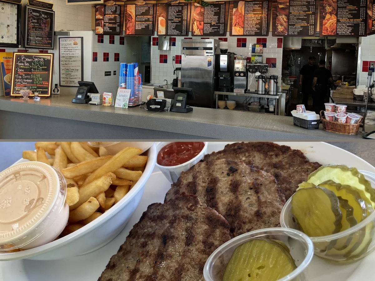 Burger trays on a casual restaurant table.